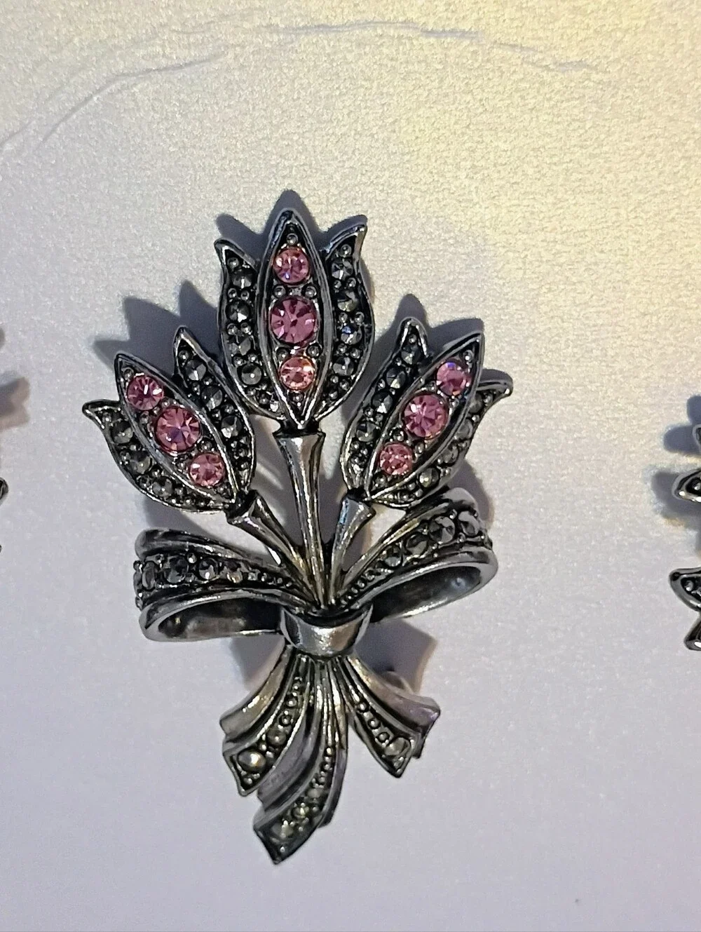 Avon Silver Tone Pink Crystal Floral Brooch and Earring Set